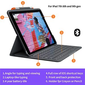 Logitech iPad (7th, 8th and 9th generation) Keyboard Case | Slim Folio with integrated wireless keyboard (Graphite), 7.3" x 10.1" x 0.9"