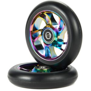100mm scooter wheels - pro scooter wheels 100mm pair - neo oil slick 100mm metal scooter wheels replacement - pro scooter wheels 100mm - bearings installed - scooter wheels for kids