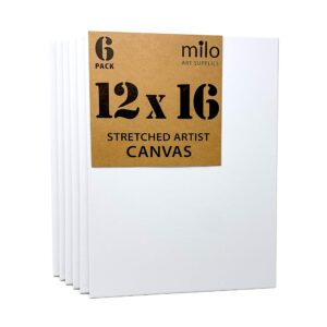 milo stretched artist canvas | 12x16 inch | value pack of 6 canvases for painting, primed & ready to paint art supplies for acrylic, oil, mixed wet media, & pouring, 100% cotton with pine wood frame