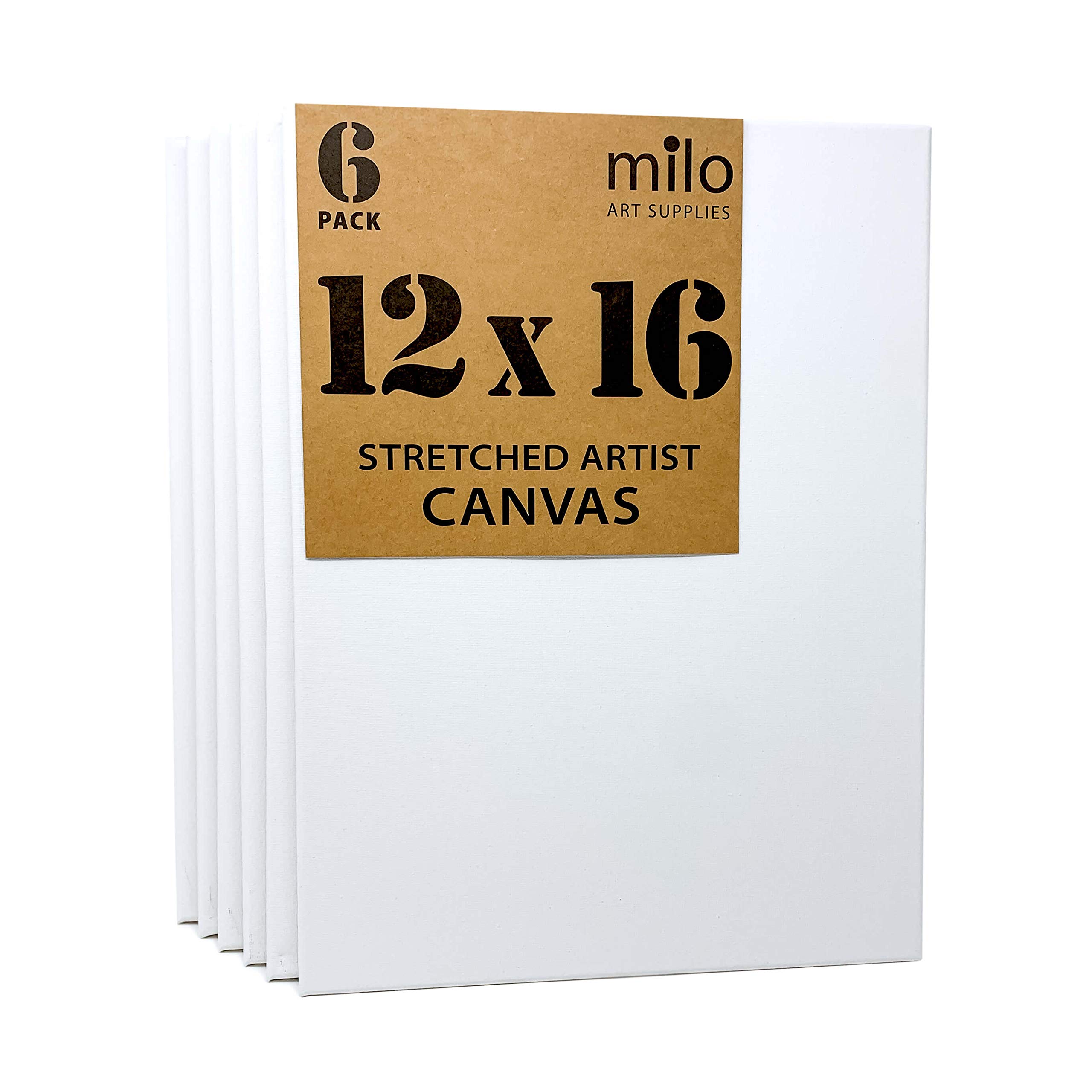 milo Stretched Artist Canvas | 12x16 inch | Value Pack of 6 Canvases for Painting, Primed & Ready to Paint Art Supplies for Acrylic, Oil, Mixed Wet Media, & Pouring, 100% Cotton with Pine Wood Frame