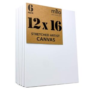 milo Stretched Artist Canvas | 12x16 inch | Value Pack of 6 Canvases for Painting, Primed & Ready to Paint Art Supplies for Acrylic, Oil, Mixed Wet Media, & Pouring, 100% Cotton with Pine Wood Frame