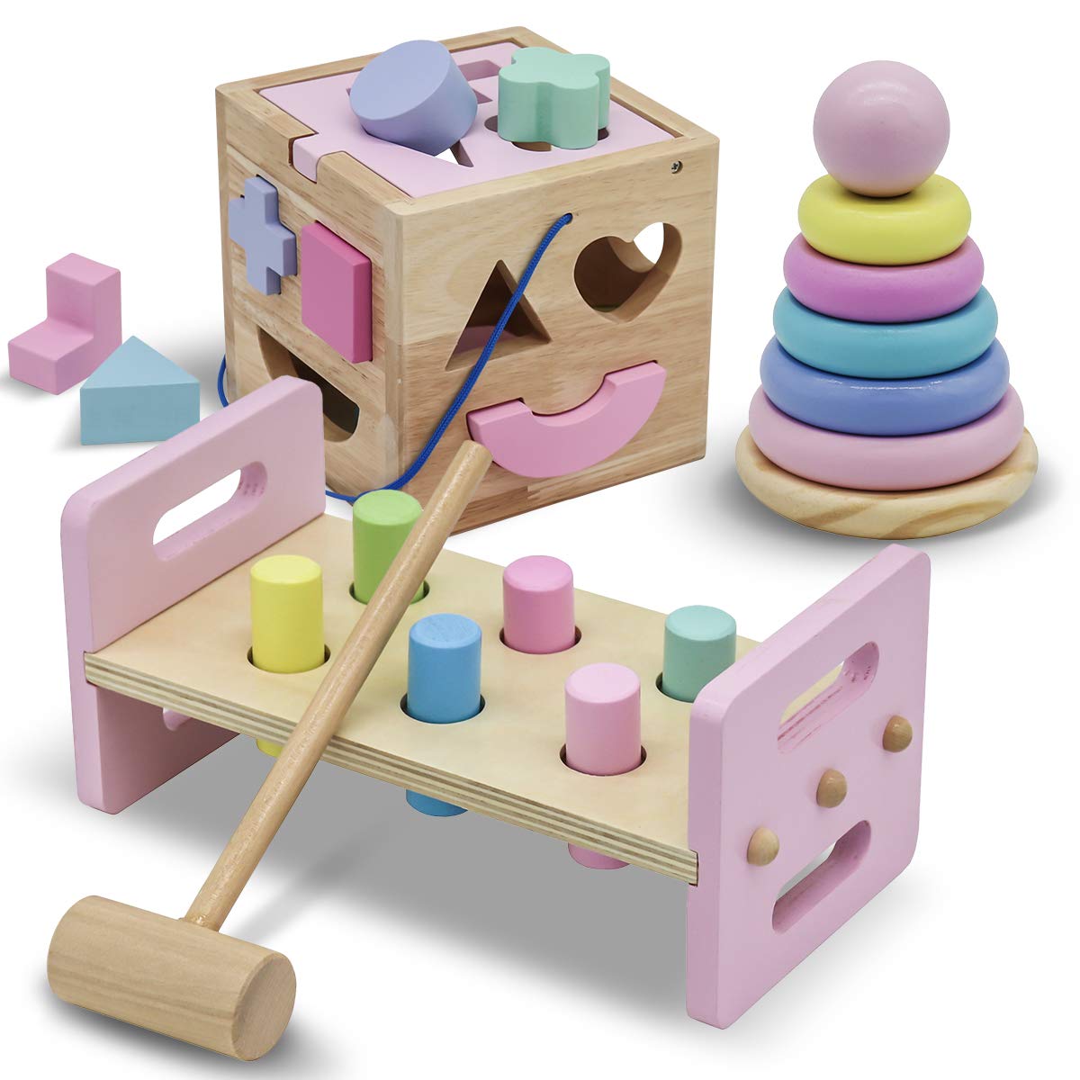 WALIKI Pounding Bench with Hammer, Wood Shape Sorter Box, Rainbow Stacker, Pastel Colors, Complete Set (3 Wooden Toys Bundle)