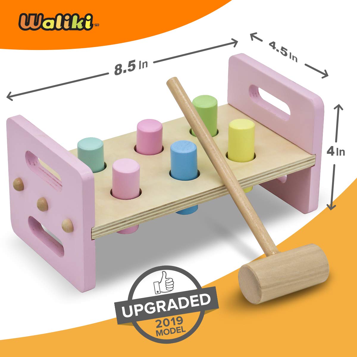 WALIKI Pounding Bench with Hammer, Wood Shape Sorter Box, Rainbow Stacker, Pastel Colors, Complete Set (3 Wooden Toys Bundle)