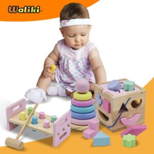 WALIKI Pounding Bench with Hammer, Wood Shape Sorter Box, Rainbow Stacker, Pastel Colors, Complete Set (3 Wooden Toys Bundle)