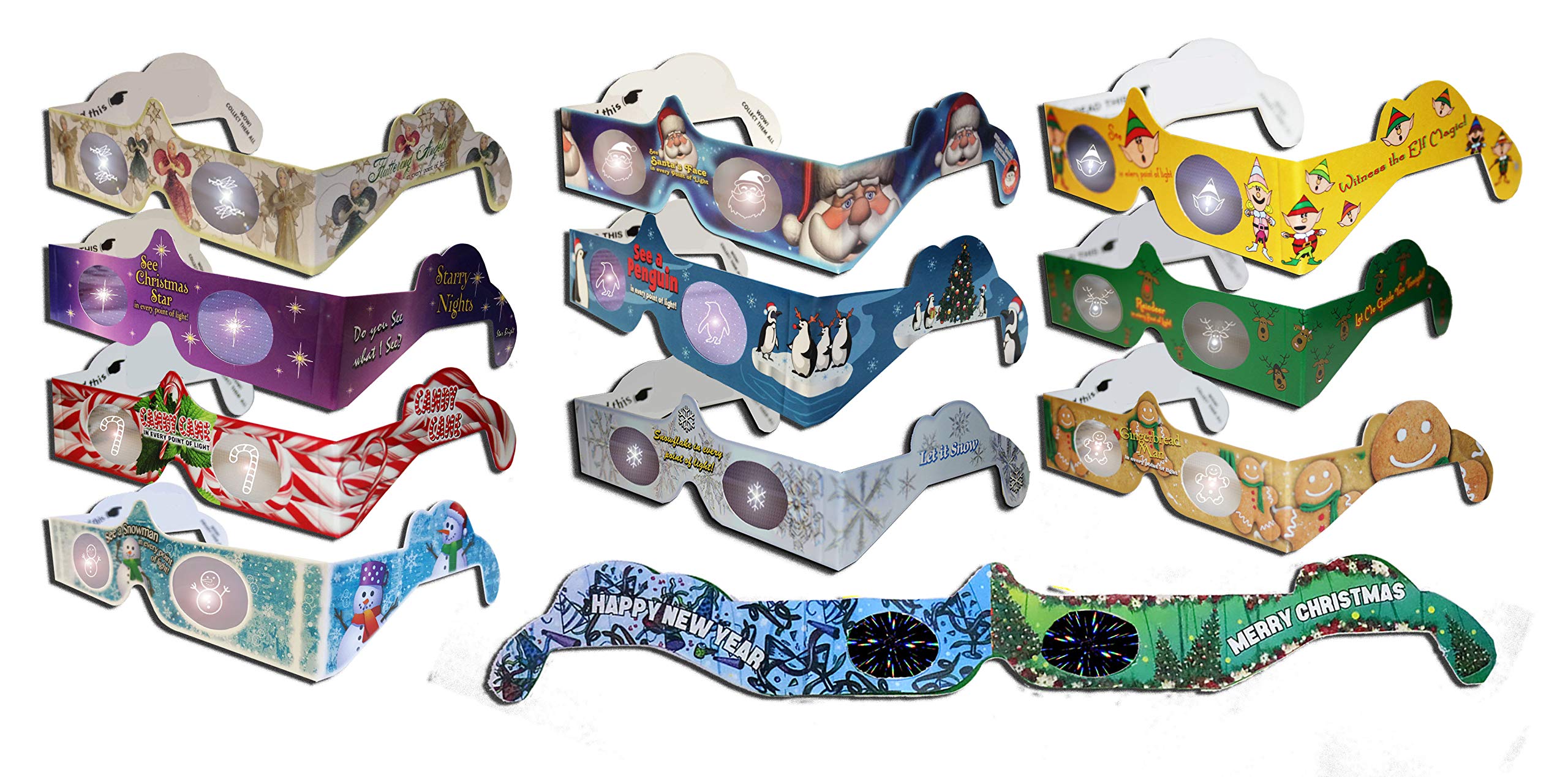 Zymise HolidayEyes(R) Christmas 3D Glasses Christmas Glasses 11 Pair Variety Pack - See Santa, Snowman, Reindeer, Candy Canes, Elves, etc, and 1 Christmas/New Years Fireworks Glasses - All Folded