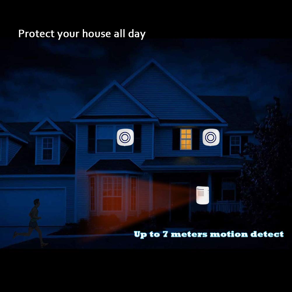 Motion Sensor Alarm Detector Alert for Home Security Outdoor, 2 Plug-in Receivers with 1 IR Motion Alarm