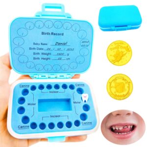 baby teeth keepsake box, tooth fairy box, tooth storage holder, lost deciduous tooth collection organizer with 2pcs tooth fairy golden coin, save children teeth to keep the childhood memory (blue)