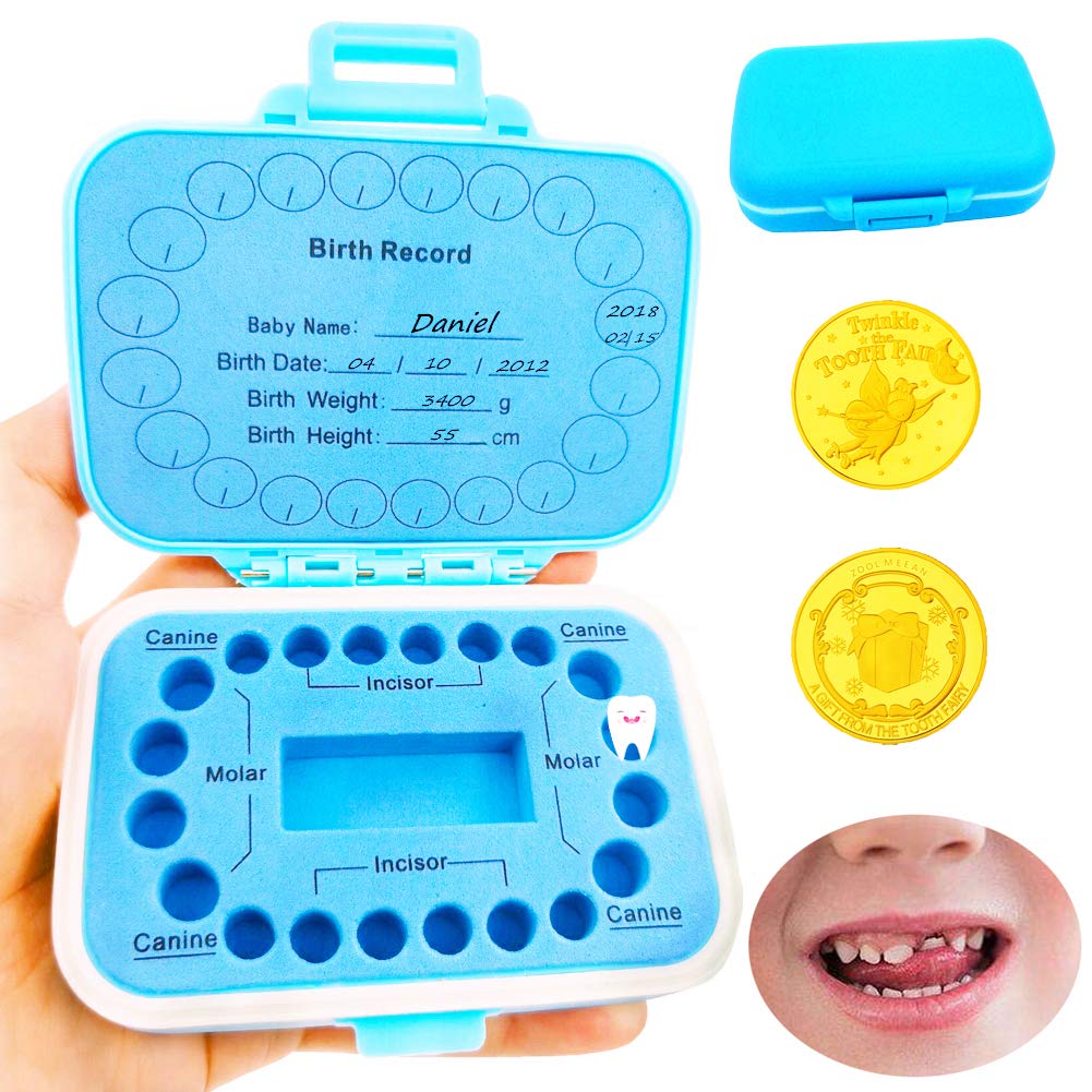 Baby Teeth Keepsake Box, Tooth Fairy Box, Tooth Storage Holder, Lost Deciduous Tooth Collection Organizer with 2Pcs Tooth Fairy Golden Coin, Save Children Teeth to Keep The Childhood Memory (Blue)