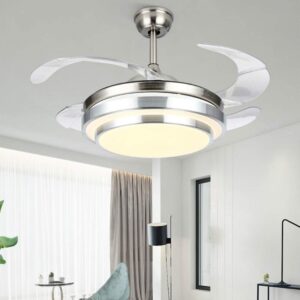 Lighting Groups 42 Inch Invisible Ceiling Fan 3-Color Lights Remote Control Retractable Blades Fandelier for Living Room Dining Room Reversible Fan Indoor Lights (Chrome-02)