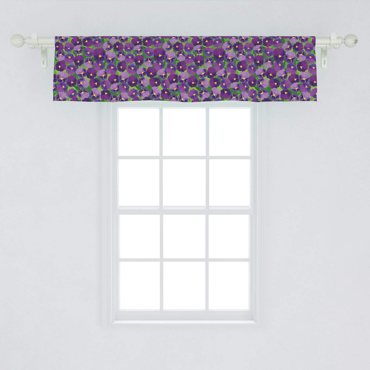 Ambesonne Botanical Window Valance, Green Field Full of Burgeoning Pansy Inflorescence Garden Flourish Bedding Plants, Curtain Valance for Kitchen Bedroom Decor with Rod Pocket, 54" X 12", Purple