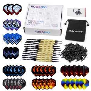 ROOBEEO Soft Tip Darts 12 Pcs 18g Plastic Tip Darts Set with Brass Steel Barrels&Aluminum Shafts,200 Extra Dart Tips 42 Dart Flights 20 Extra Rubber Rings and 1 Storage Bag for Electronic Dart Board