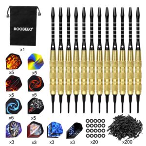 ROOBEEO Soft Tip Darts 12 Pcs 18g Plastic Tip Darts Set with Brass Steel Barrels&Aluminum Shafts,200 Extra Dart Tips 42 Dart Flights 20 Extra Rubber Rings and 1 Storage Bag for Electronic Dart Board