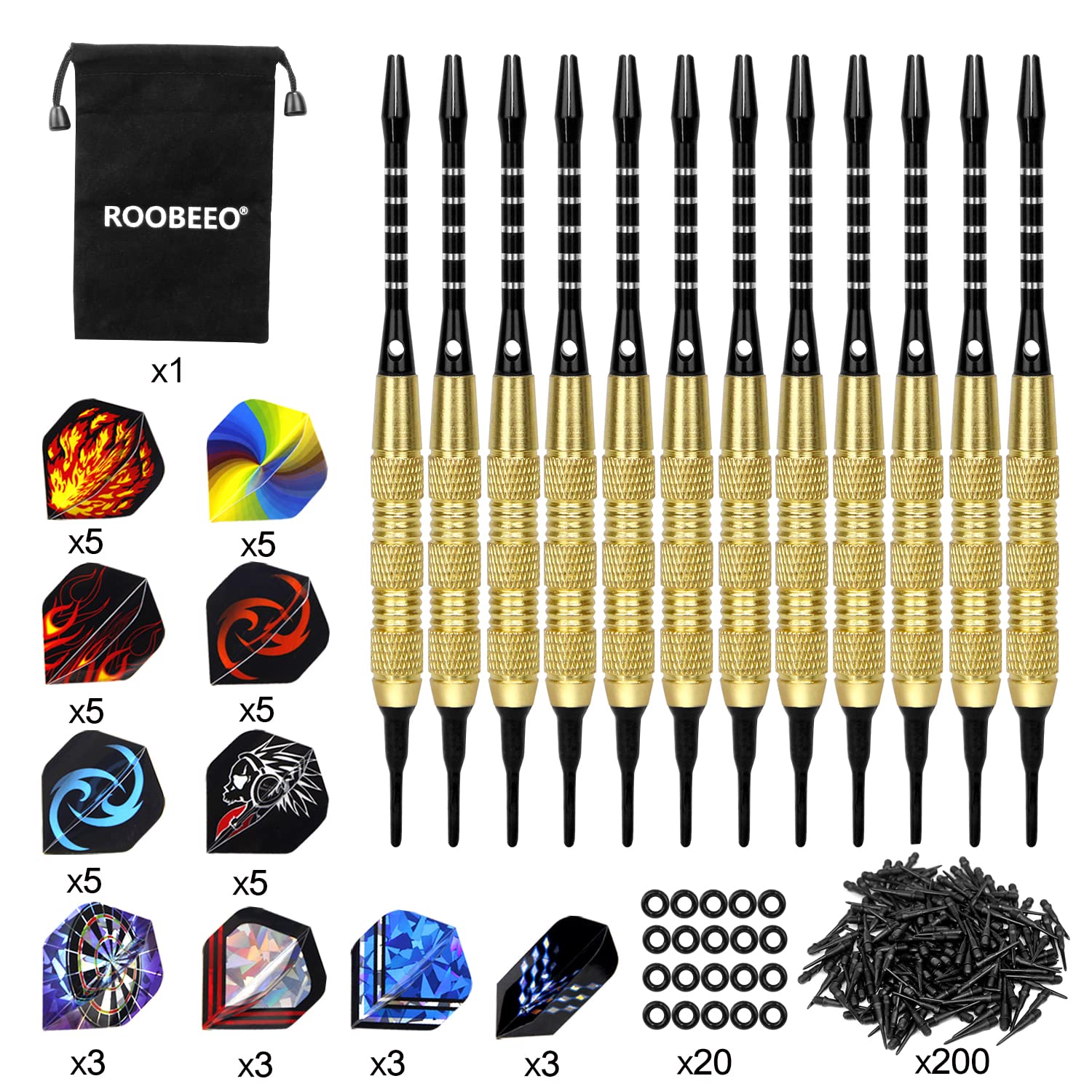 ROOBEEO Soft Tip Darts 12 Pcs 18g Plastic Tip Darts Set with Brass Steel Barrels&Aluminum Shafts,200 Extra Dart Tips 42 Dart Flights 20 Extra Rubber Rings and 1 Storage Bag for Electronic Dart Board