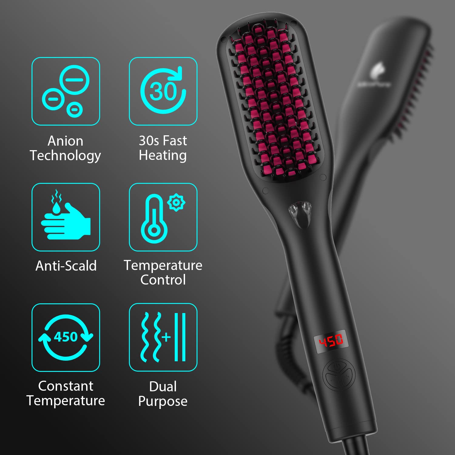 MiroPure Hair Straightener Brush Heated Straightening Brush with Ionic Generator, 30s Fast MCH Ceramic Even Heating, 11 Temperature Control, Professional Straightener Comb for Straightening (Black)