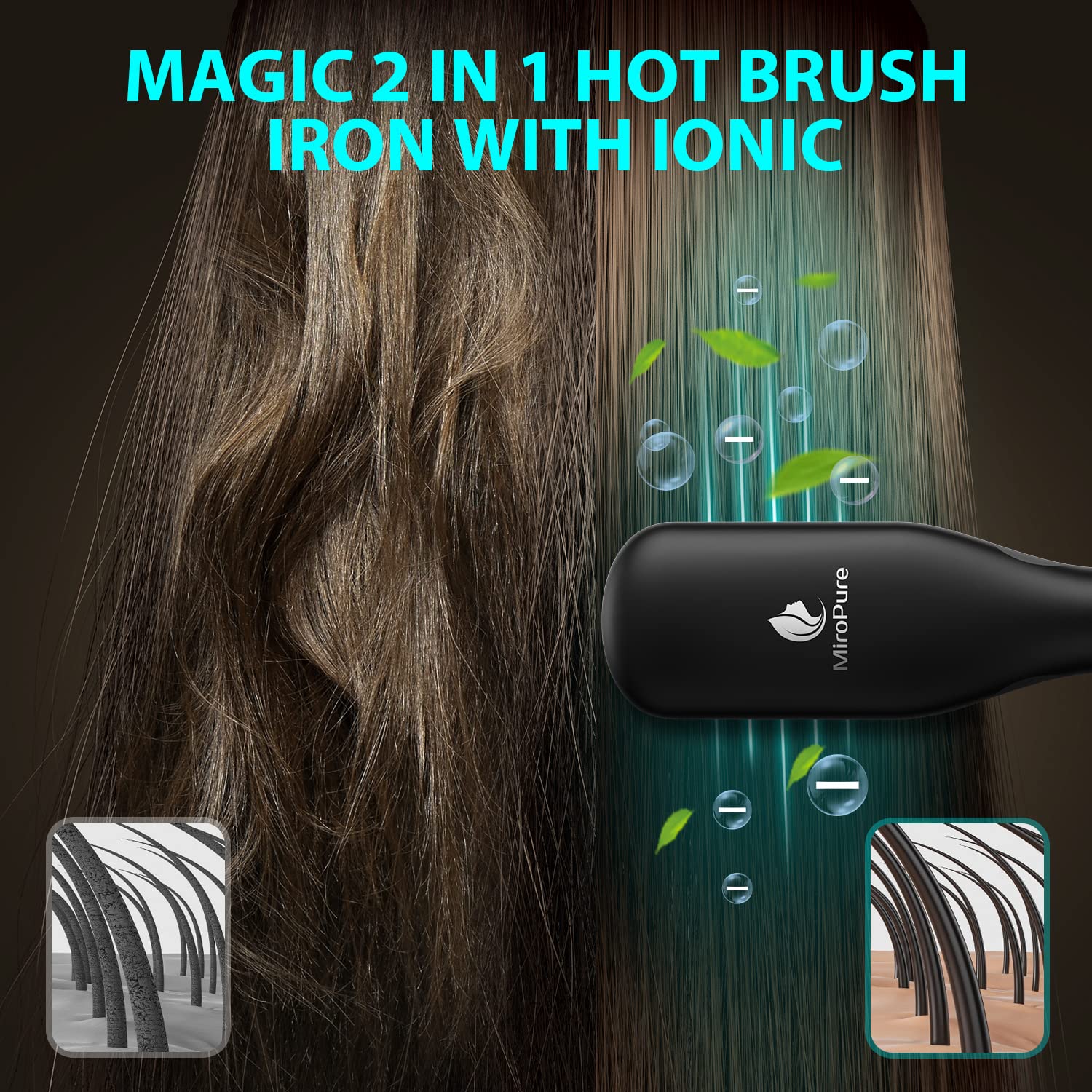 MiroPure Hair Straightener Brush Heated Straightening Brush with Ionic Generator, 30s Fast MCH Ceramic Even Heating, 11 Temperature Control, Professional Straightener Comb for Straightening (Black)