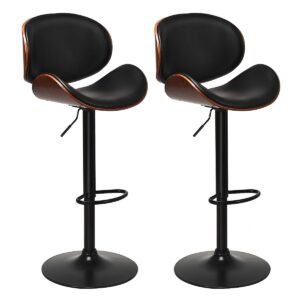 COSTWAY Bar Stools Set of 2, Adjustable Swivel Bentwood Barstools with Back, Large Iron Base, 360 Degree PU Leather Seat and Curved Footrest, Extra Tall Bar Chairs for Kitchen Counter Bar, Black