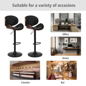 COSTWAY Bar Stools Set of 2, Adjustable Swivel Bentwood Barstools with Back, Large Iron Base, 360 Degree PU Leather Seat and Curved Footrest, Extra Tall Bar Chairs for Kitchen Counter Bar, Black