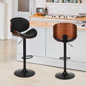 COSTWAY Bar Stools Set of 2, Adjustable Swivel Bentwood Barstools with Back, Large Iron Base, 360 Degree PU Leather Seat and Curved Footrest, Extra Tall Bar Chairs for Kitchen Counter Bar, Black