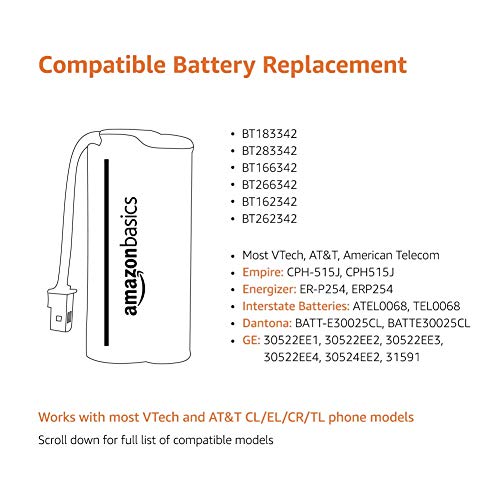 Amazon Basics 2-Pack Rechargeable NiMH Cordless Phone Replacement Battery, 600 mAh, Replaces BT183342, BT283342, BT166342, BT266342, BT162342, BT262342