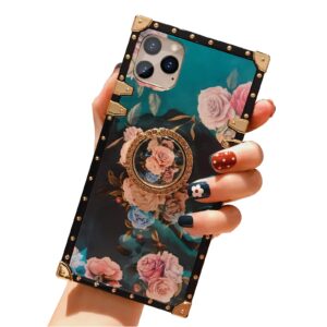 iPhone 11 Pro Max Square Case with Ring Stand Holder Floral Flower Luxury Elegant Soft TPU Shockproof Protective Metal Decoration Corner Phone Case Women Girls Lady for Apple iPhone 11 Pro Max