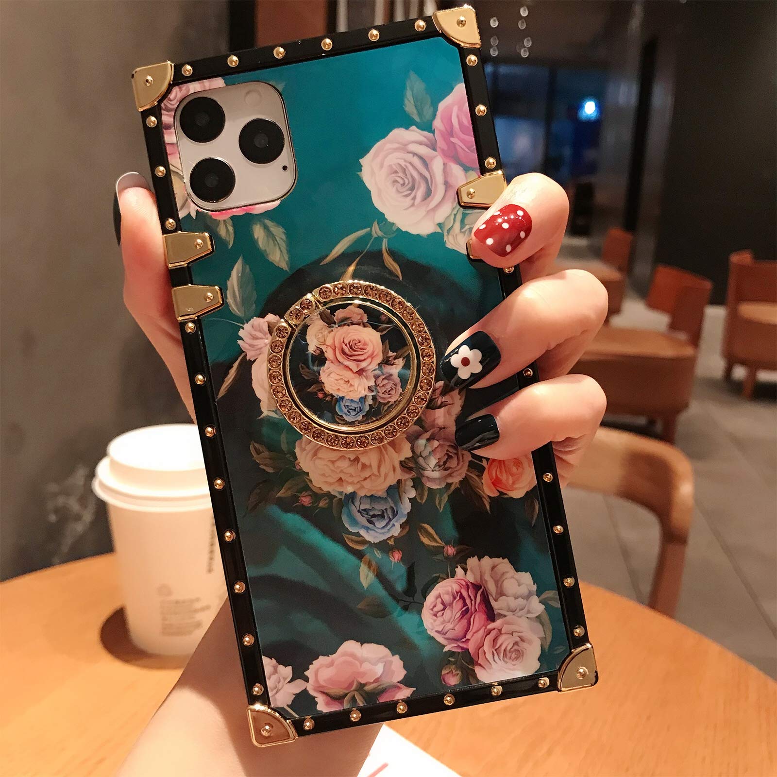 iPhone 11 Pro Max Square Case with Ring Stand Holder Floral Flower Luxury Elegant Soft TPU Shockproof Protective Metal Decoration Corner Phone Case Women Girls Lady for Apple iPhone 11 Pro Max