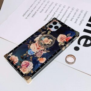 iPhone 11 Pro Max Square Case with Ring Stand Holder Floral Flower Luxury Elegant Soft TPU Shockproof Protective Metal Decoration Corner Phone Case Women Girls Lady for Apple iPhone 11 Pro Max