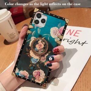 iPhone 11 Pro Max Square Case with Ring Stand Holder Floral Flower Luxury Elegant Soft TPU Shockproof Protective Metal Decoration Corner Phone Case Women Girls Lady for Apple iPhone 11 Pro Max