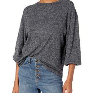 Daily Ritual Women's Cozy Knit Rib Blouson-Sleeve Sweatshirt, Black Marl, Large