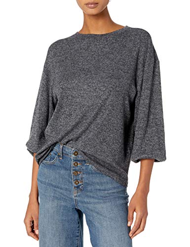 Daily Ritual Women's Cozy Knit Rib Blouson-Sleeve Sweatshirt, Black Marl, Large