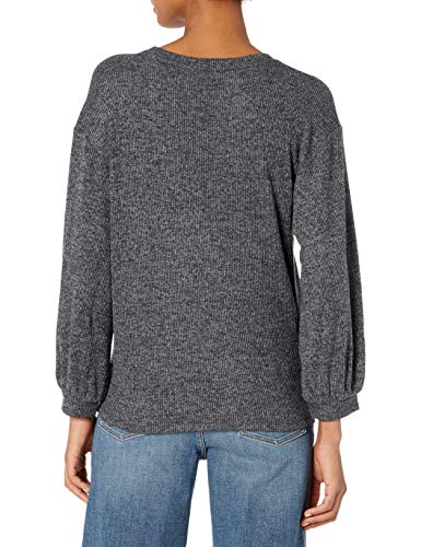 Daily Ritual Women's Cozy Knit Rib Blouson-Sleeve Sweatshirt, Black Marl, Large