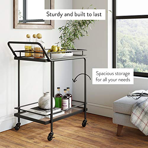 Nathan James Sally Rolling Bar or Cart for Tea or Cocktail, 2-Tiered Glass and Metal, Black