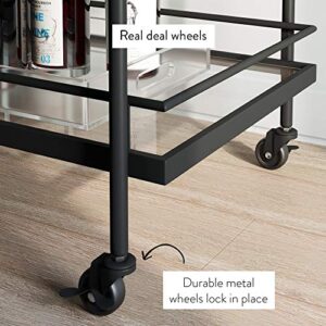 Nathan James Sally Rolling Bar or Cart for Tea or Cocktail, 2-Tiered Glass and Metal, Black