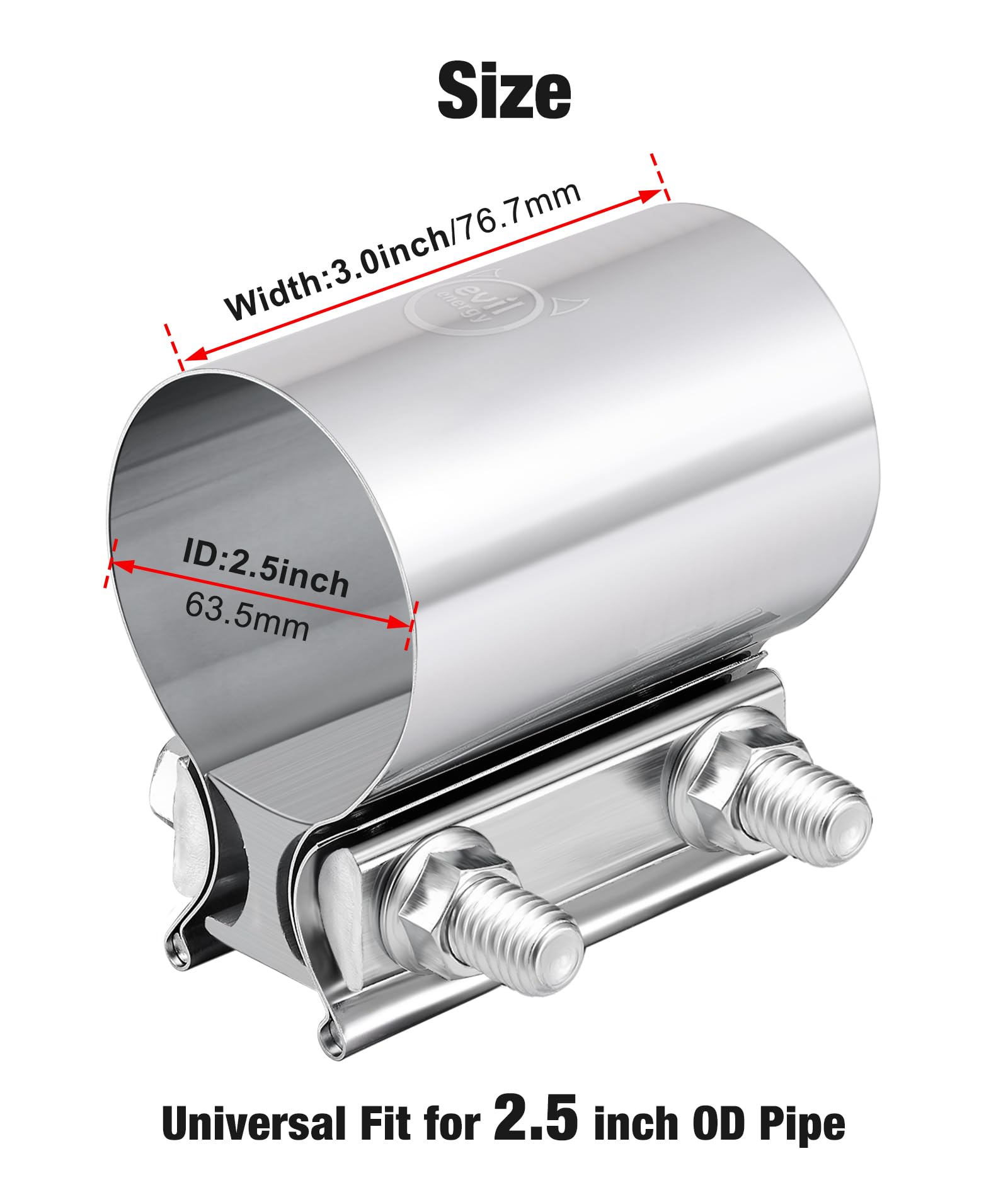 EVIL ENERGY 2.5 Inch Exhaust Clamp,2 1/2" Butt Joint Band Clamp Sleeve Coupler Stainless Steel for Pipes,Mufflers,Catalytic Converters