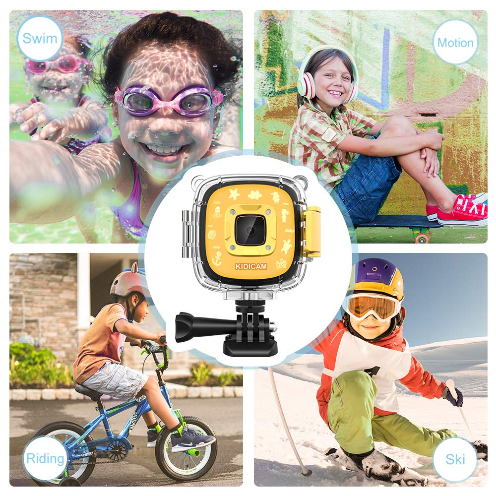 Dragon Touch Kidicam 2.0 Kids Action Camera, Waterproof Digital Camera for Boys Girls 1080P Sports Camera Camcorder with 16GB Memory Card (Yellow)