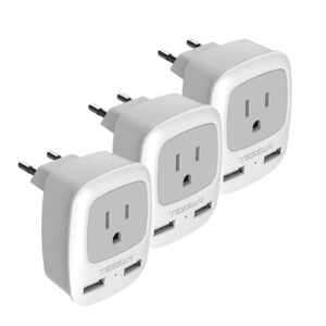 european travel plug adapter 3 pack, tessan international power adaptor 2 usb, type c outlet adapter charger usa to most of europe eu spain iceland italy germany france israel