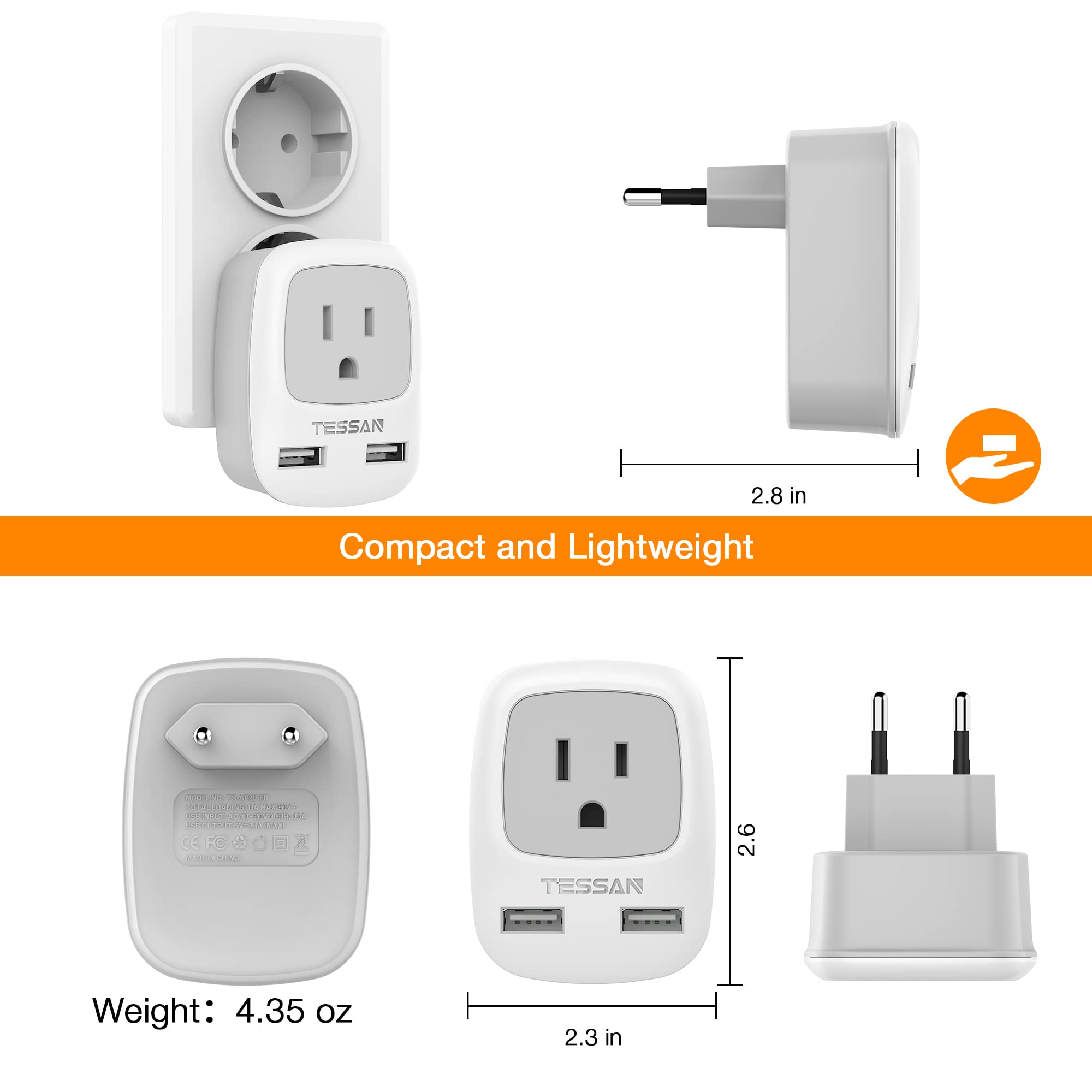 European Travel Plug Adapter 3 Pack, TESSAN International Power Adaptor 2 USB, Type C Outlet Adapter Charger USA to Most of Europe EU Spain Iceland Italy Germany France Israel