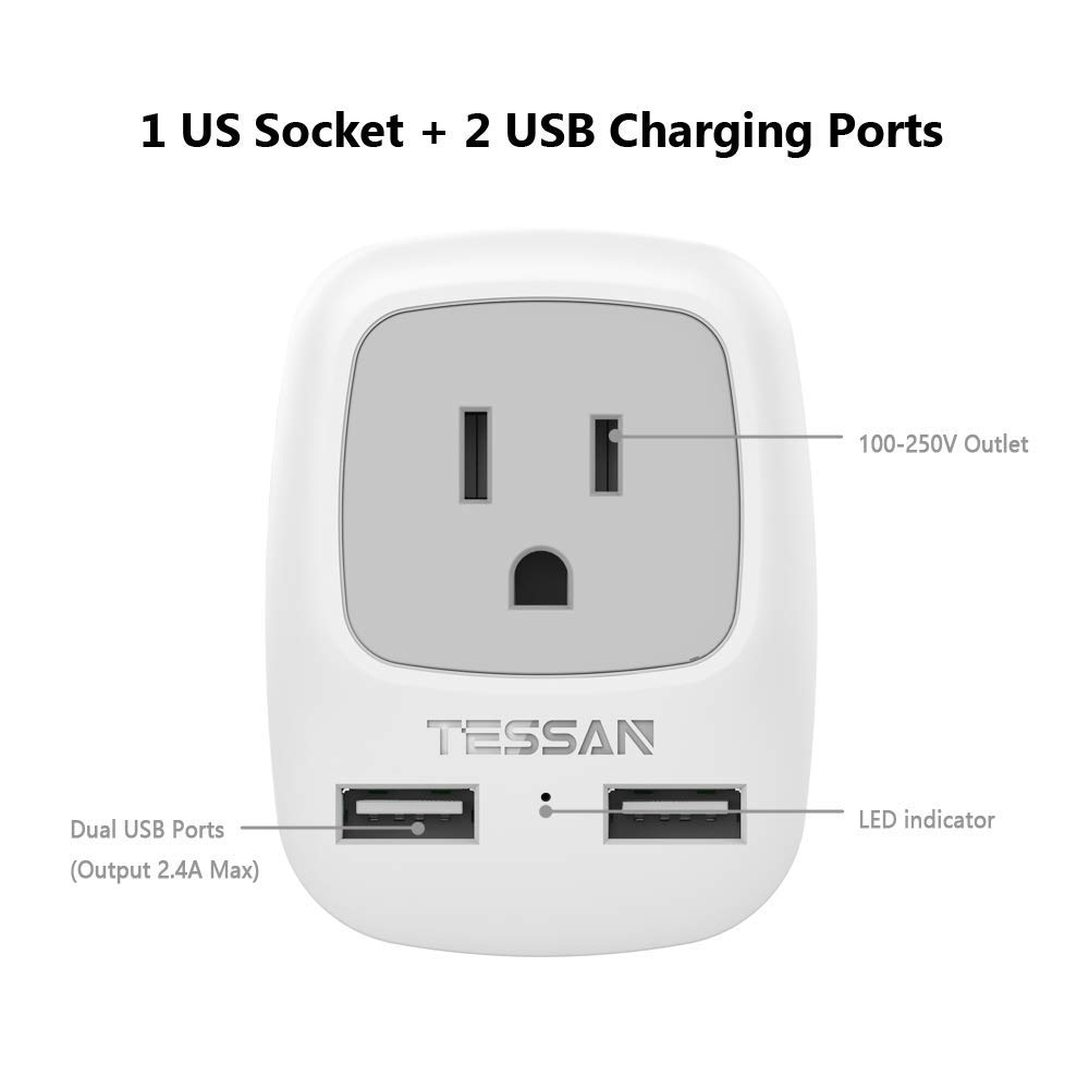 European Travel Plug Adapter 3 Pack, TESSAN International Power Adaptor 2 USB, Type C Outlet Adapter Charger USA to Most of Europe EU Spain Iceland Italy Germany France Israel