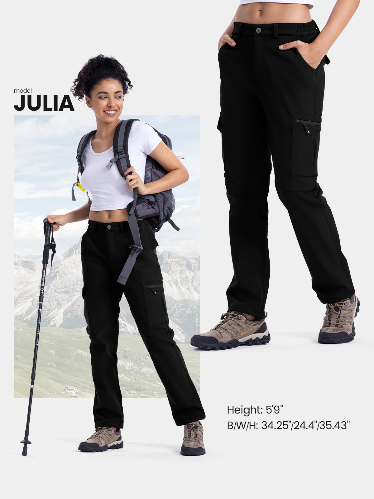 TBMPOY Women's Skiing Hiking Cargo Pants Outdoor Waterproof Windproof Softshell Fleece Snow Pants Black M