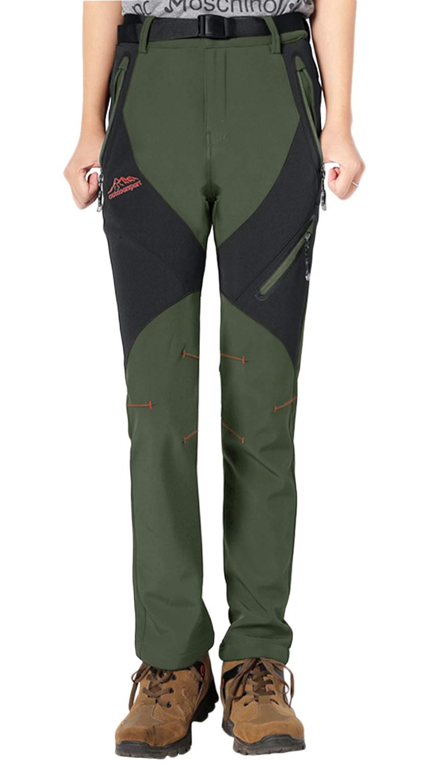 Rdruko Women's Hiking Pants Outdoor Waterproof Windproof Softshell Fleece Slim Snow Ski Pants(Green, US M)