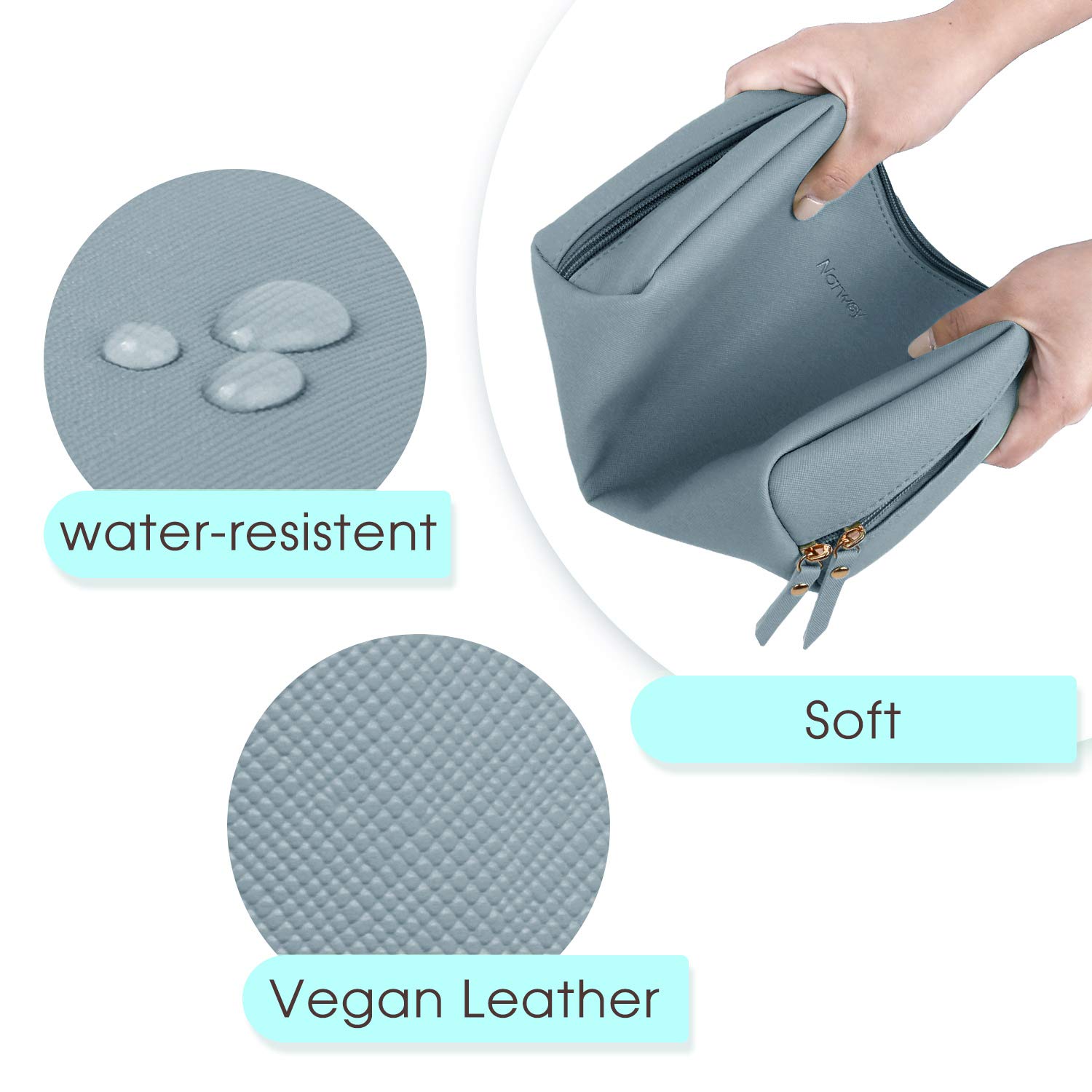 Large Vegan Leather Makeup Bag Zipper Pouch Travel Cosmetic Organizer for Women (Large, Greyish Blue)