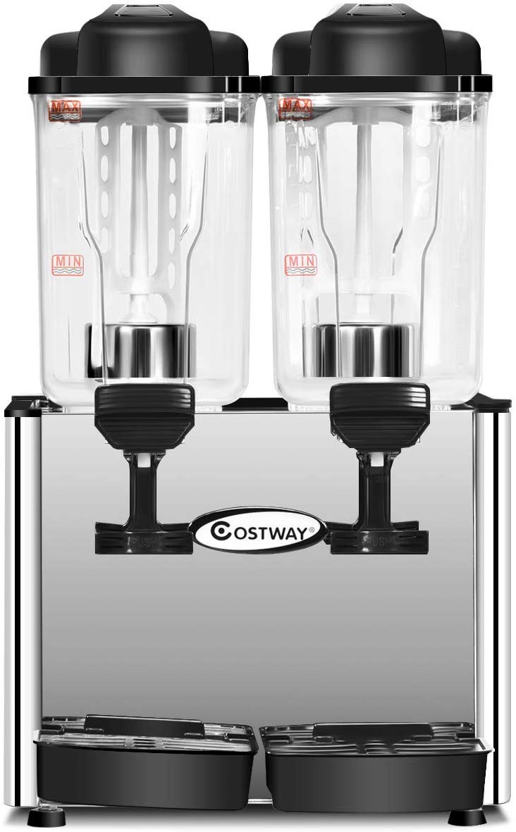 COSTWAY Commercial Beverage Dispenser Machine, 9.5 Gallon 2 Tank Juice Dispenser for Cold Drink, 350W Stainless Steel Finish Food Grade Material Ice Tea Drink Dispenser, 18 Liter Per Tank (Stainless)