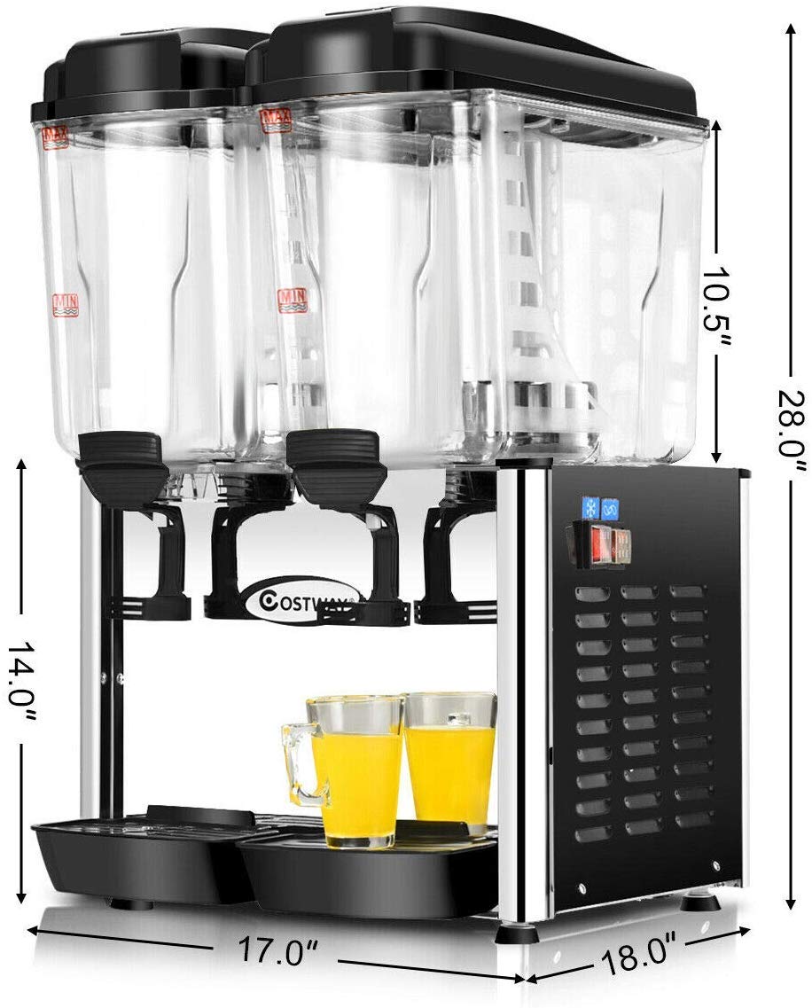 COSTWAY Commercial Beverage Dispenser Machine, 9.5 Gallon 2 Tank Juice Dispenser for Cold Drink, 350W Stainless Steel Finish Food Grade Material Ice Tea Drink Dispenser, 18 Liter Per Tank (Stainless)