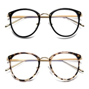 HILBALM Blue Light Blocking Glasses 2 Pack Women and Man Computer Eyeglasses Metal Frame Glasses (Leopard Print Frame/Anti-Blue Light Lens+Black Frame/Anti-Blue Light Lens)