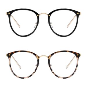 HILBALM Blue Light Blocking Glasses 2 Pack Women and Man Computer Eyeglasses Metal Frame Glasses (Leopard Print Frame/Anti-Blue Light Lens+Black Frame/Anti-Blue Light Lens)