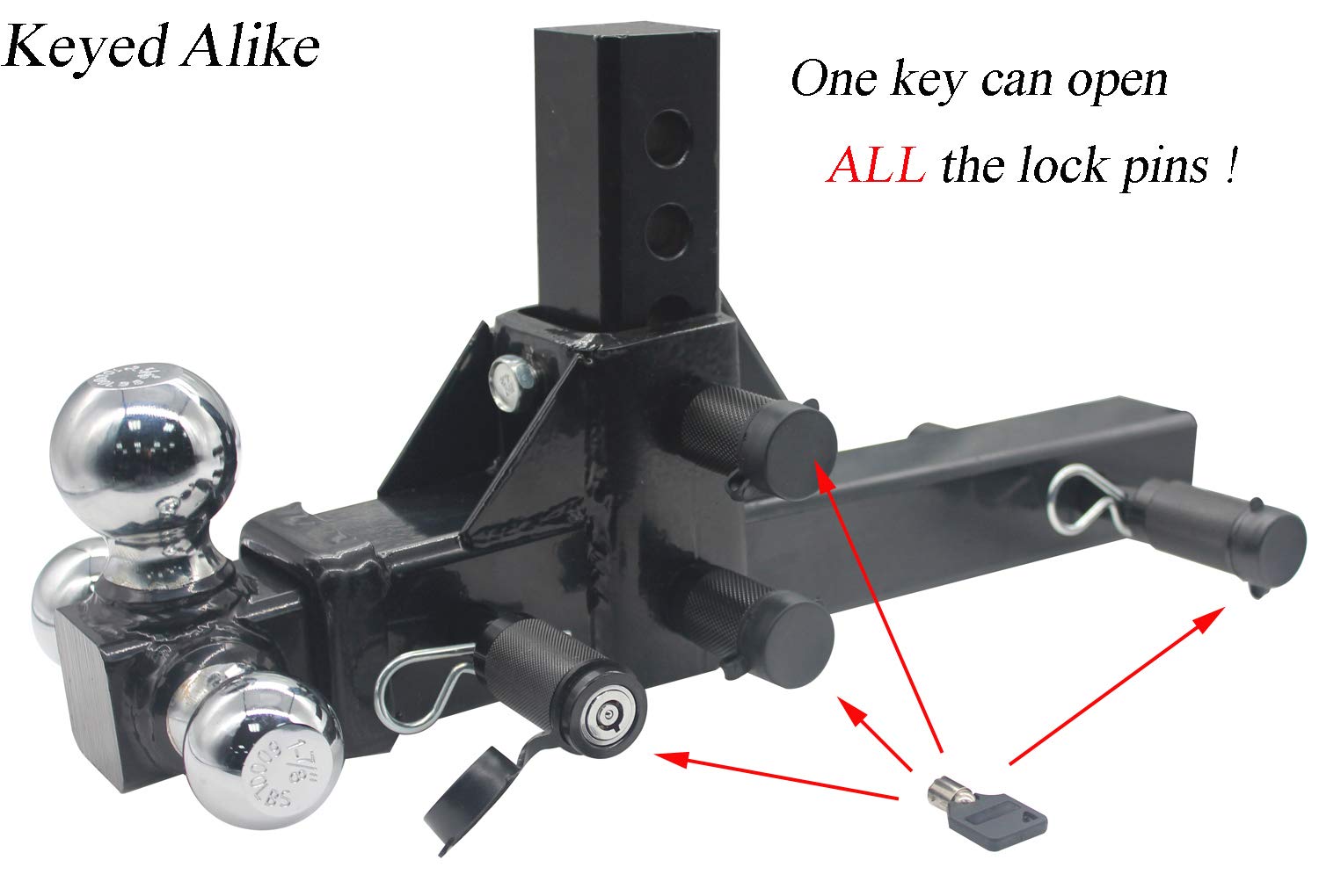 AC-DK Adjustable Trailer Hitch Ball Mount, Fits 2-Inch Receiver, 5-3/4-Inch Drop, 1-7/8, 2, 2-5/16-Inch Balls, 10,000 lbs, Come with 4-Pack 5/8" Tow Hitch Pin Locks Keys
