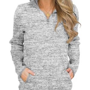 AKEWEI Fall Women Half Zipper Long Sleeve Pullover Hoodie Casual Sweatshirt Stand Collar Tops with Pocket Grey L