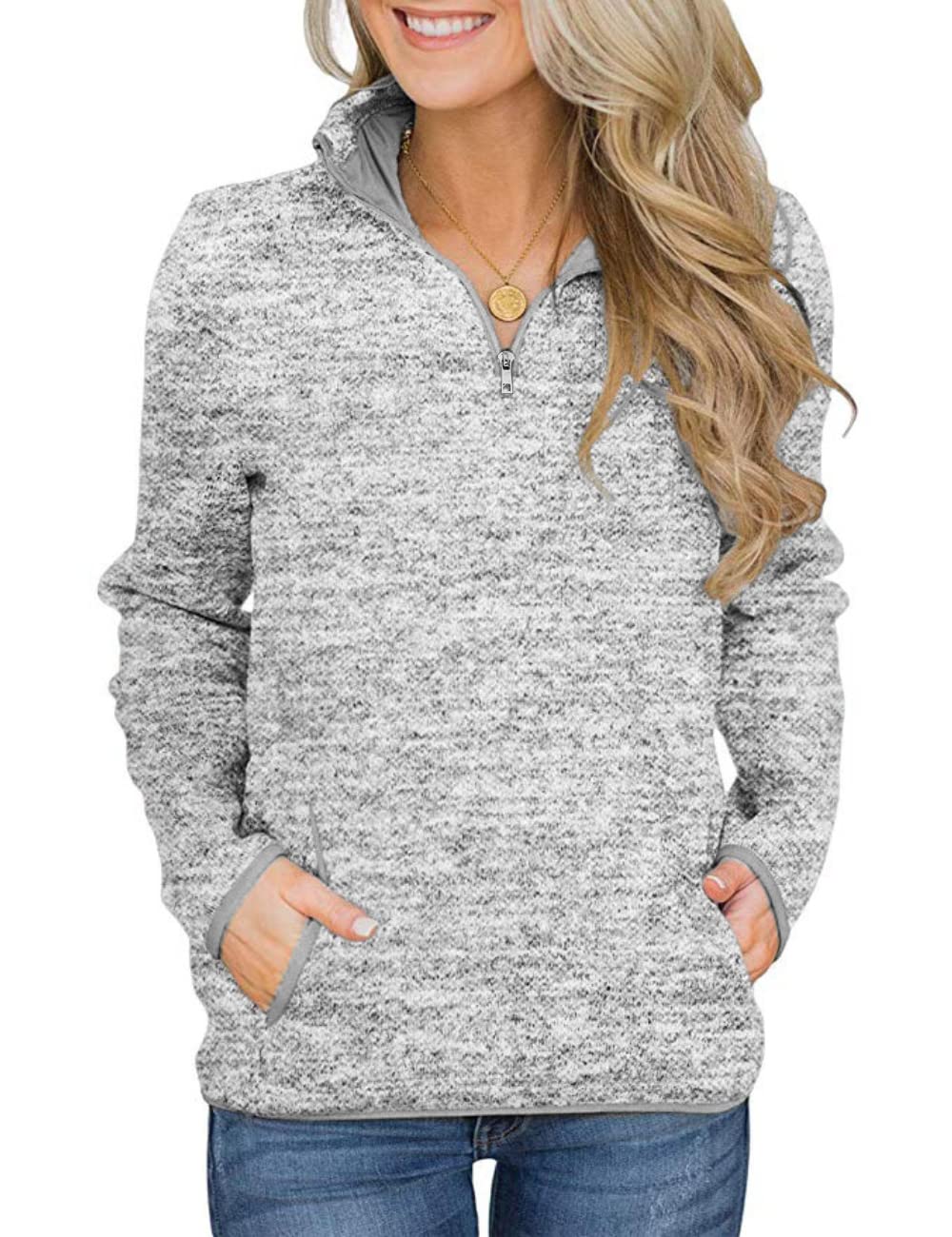 AKEWEI Fall Women Half Zipper Long Sleeve Pullover Hoodie Casual Sweatshirt Stand Collar Tops with Pocket Grey L