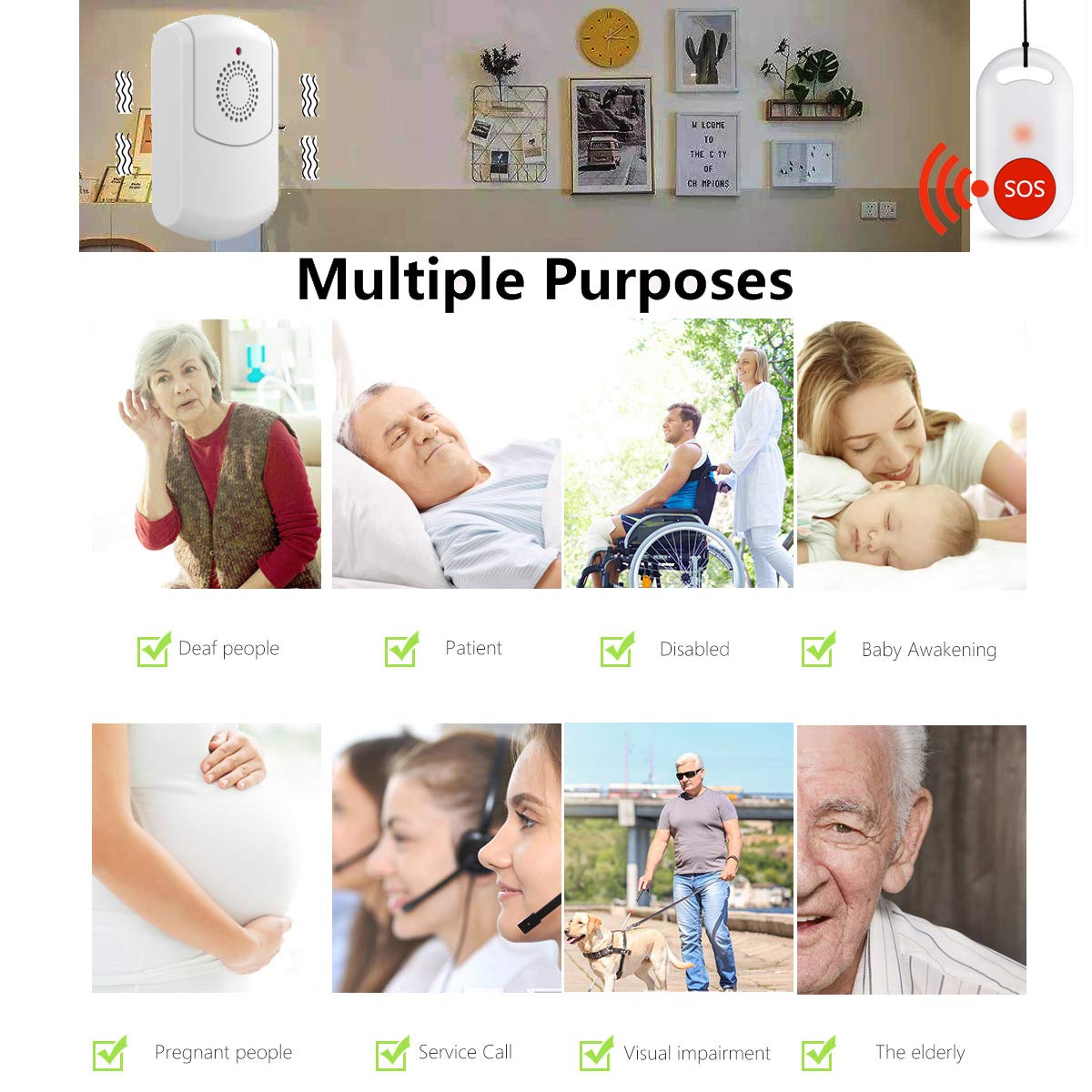 Caregiver Pager Wireless Call Button System Personal Alert Panic Button for Home Elderly Nurses Calling System with Pager and Emergency Button (1Receiver+1Button)