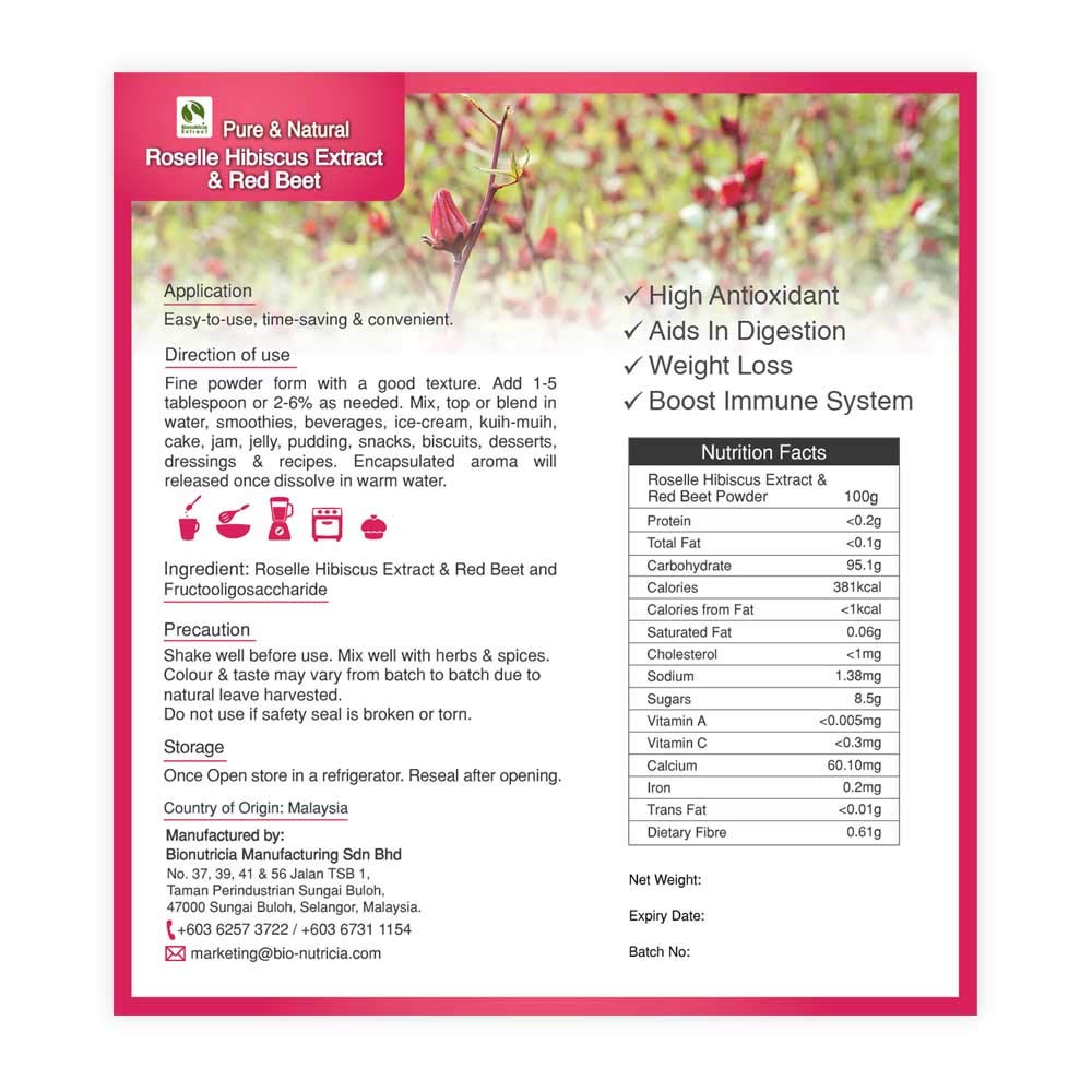 Roselle Hibiscus Extract - Bionutricia Extract Natural Asian Gourmet Standardized Fresh Beverage or Bakery Ingredient, Natural Flavor, Natural Color, Phytonutrient of Powder (1000g)