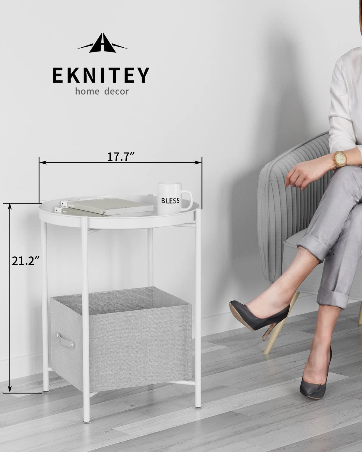 EKNITEY End Table,Folding Metal Side Table Waterproof Small Coffee Table Sofa Side Table with Removable Tray for Living Room Bedroom Balcony and Office